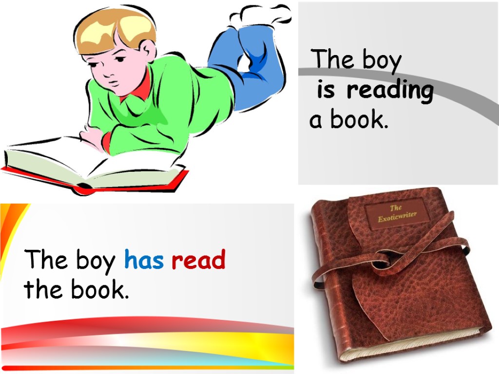 The boy is reading a book. The boy has read the book.